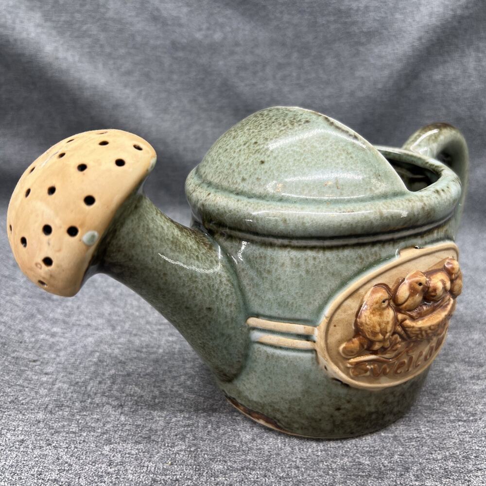 Ceramic Watering Can Planter Welcome Baby Birds Nest Sage Green Cottagecore 5.5"